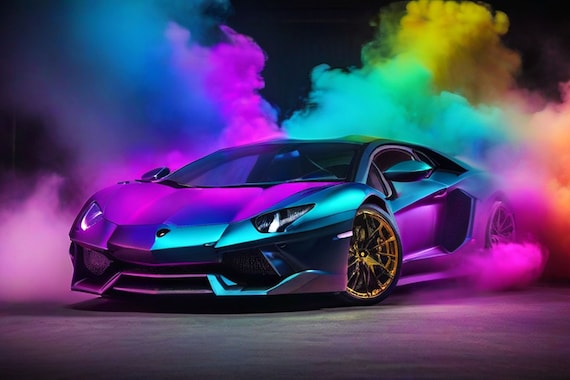 Neon Lamborghini Print: Sports Car Poster, Kids Room Decor