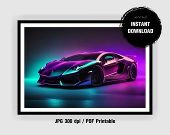 Neon Lamborghini Print: Sports Car Poster, Kids Room Decor