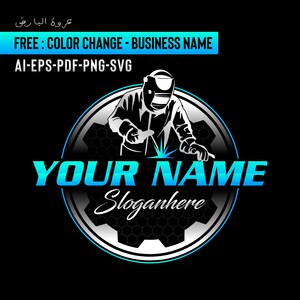 Pode incluir: Um design de logotipo com um soldador usando uma máscara de proteção, soldando com uma faísca azul brilhante. O design inclui o texto "YOUR NAME" em uma fonte azul gradiente, com "Sloganhere" abaixo. O texto adicional inclui "FREE: COLOR CHANGE - BUSINESS NAME" e "AI-EPS-PDF-PNG-SVG".