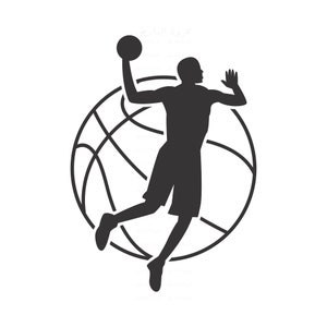 May include: Silhouette of a basketball player in mid-air, shooting a basketball. The player is surrounded by a basketball with black lines.