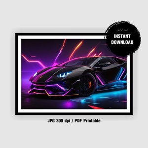 Printable Neon Lamborghini Digital Download - Neon Prints - Neon Lambo - Bedroom Posters - Bedroom Prints - Car Art - Sports Car - Kids Room