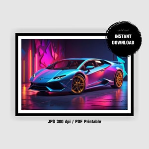 Printable Neon Lamborghini Digital Download - Neon Prints - Neon Lambo - Bedroom Posters - Bedroom Prints - Car Art - Sports Car - Kids Room