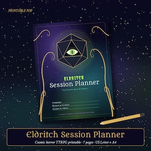 Op de afbeelding: Een printbare PDF-sessieplanner met een donkerpaarse en blauwe kosmische achtergrond. De omslag bevat een gouden geometrische vorm met een groen oog, gouden wervelende lijnen en de tekst Eldritch Session Planner, Prep the session, Ignore the whispers, Campaign, Keeper of Secrets en Session No / Date.