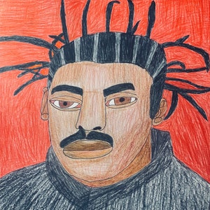 May include: A hand-drawn illustration of a person with dark skin, black hair in dreadlocks, and a black jacket. The background is red.