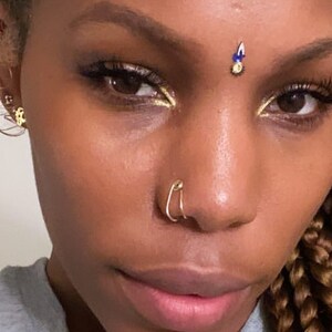 May include: Close-up of a person with brown skin, gold eye makeup, and a nose ring. The person has long, braided hair and a small, jeweled bindi on their forehead. Gold earrings are visible. The person is wearing a gray shirt.