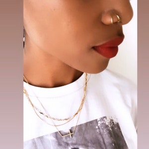 May include: A close-up of a person's face with a gold nose ring. The person is wearing a white t-shirt with a gold chain necklace.