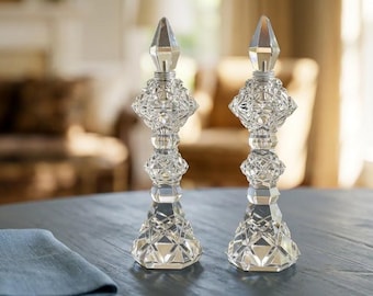 Pair Vintage Avon Crystallite Cologne Bottles 9.5" Clear Diamond Cut Glass Decanters Mid Century Decorative Glass Hollywood Regency Vanity