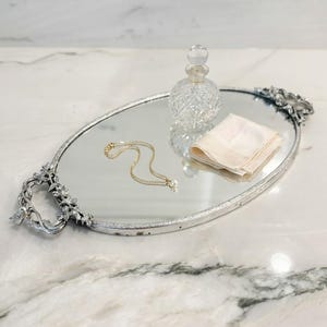 Vintage Matson Mirrored 20.75" Vanity Tray Silver Dogwood Floral Bird Handle, Hollywood Regency Boudoir Mirror Tray, Vintage Dresser Decor
