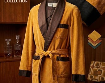 Vintage 70s Sears Mustard Yellow Corduroy Smoking Jacket, Retro Gold Velvet Robe, Mid Century Lounge Wear, Men’s Large Boho Hipster Robe