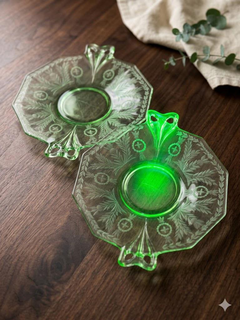 Green Glass Etched Plates - Etsy