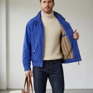May include: A cobalt blue jacket with a beige turtleneck sweater and dark wash jeans. The jacket has a zip closure and two front pockets. A brown leather tote bag is held in the hand.