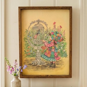Vintage Amy Bracken Framed Art - 1970s Patchwork Girl & Birdcage Illustration - Signed Amy Retro Nursery Art - Small 8x6 Wood Frame