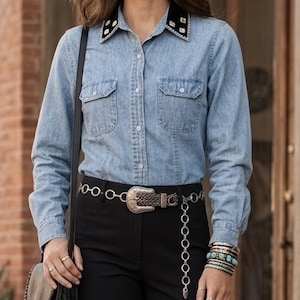 Y2K Western Denim Bling Top Studded Velvet Collar Light Wash Jean Shirt S