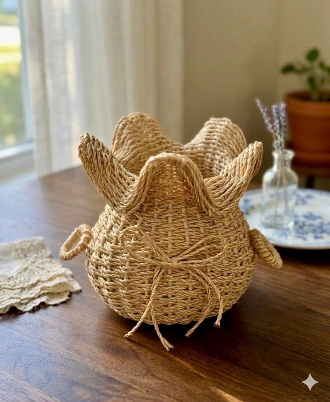 Woven Raffia Ginger Jar | Scalloped Rim, Bow Accent, Italian Style ...
