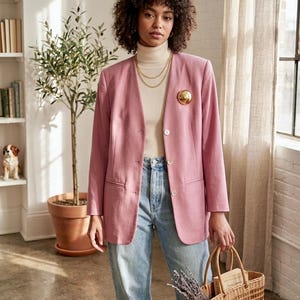 May include: A light pink blazer with a gold brooch, paired with light wash jeans. The outfit includes a cream turtleneck and gold necklaces. A woven basket with lavender and a book is held in the hand.