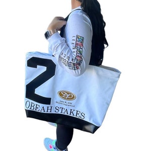 Black and White Saddle Cloth Tote, Stakes Tote,Overnight Bag Horse racing Zippered Horse Bag, Horse Racing Tote, Saratoga,Horse Lover Bag