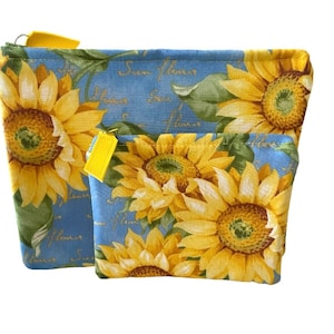 Sunflower Zippered Bag Set: Cotton Blend Clutch and Card Holder