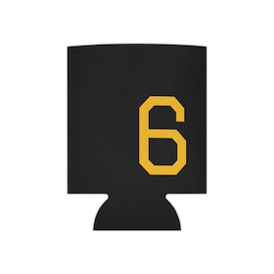 May include: Black neoprene can cooler with a yellow number 6 printed on the front.