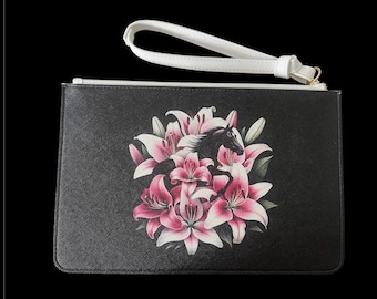 Kentucky Derby Wristlet Clutch: Lilies & Horses Vegan Leather Bag
