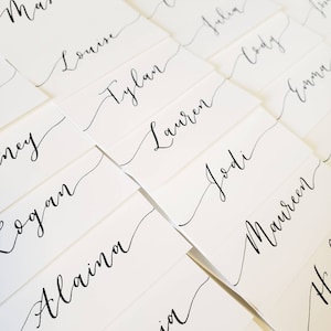 Handwritten White Calligraphy Place Cards | Hand lettered Wedding Name Cards | Escort Cards | Wedding Calligraphy