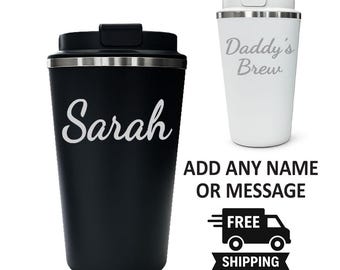 Personalised Travel Mug, Custom Name Insulated Tumbler, Reusable Coffee Cup Gift