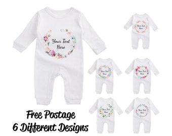 Personalised Baby Flower Floral Baby Romper Cute White Cotton Add Text Babyshower Toddler Newborn Gift Birthday Love Gender Reveal Announce