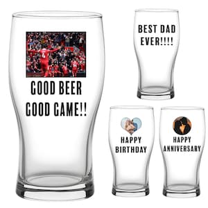 Personalised Pint Glass With Image Logo Text Multiple Colour Application 18th Birthday Anniversary Love Business Champagne Celebration UK