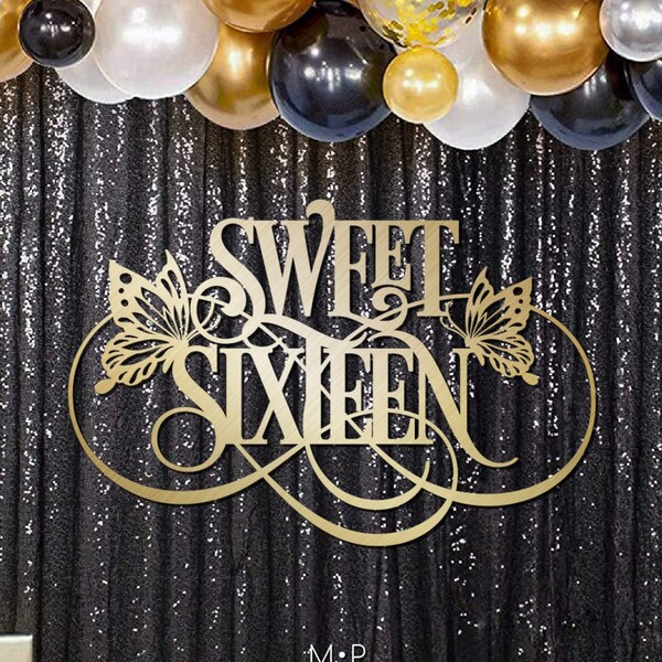 Sweet 16 signage with butterflies, My sweet sixteen backdrop, sweet 16 wood sign, butterflies backdrop for sweet sixteen, sweet sixteen prop