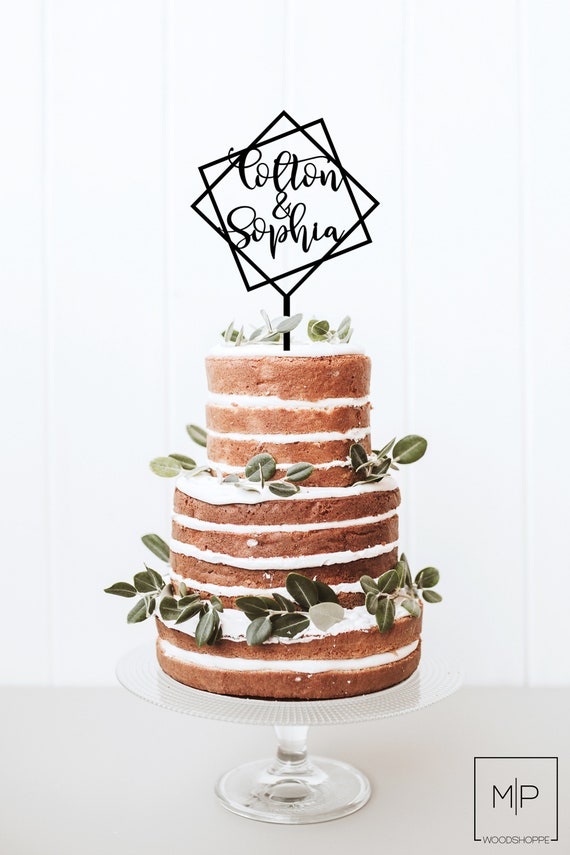 Wedding Cake Topper With Modern Geometrical Frame For Engagement In Wood Or Acrylic
