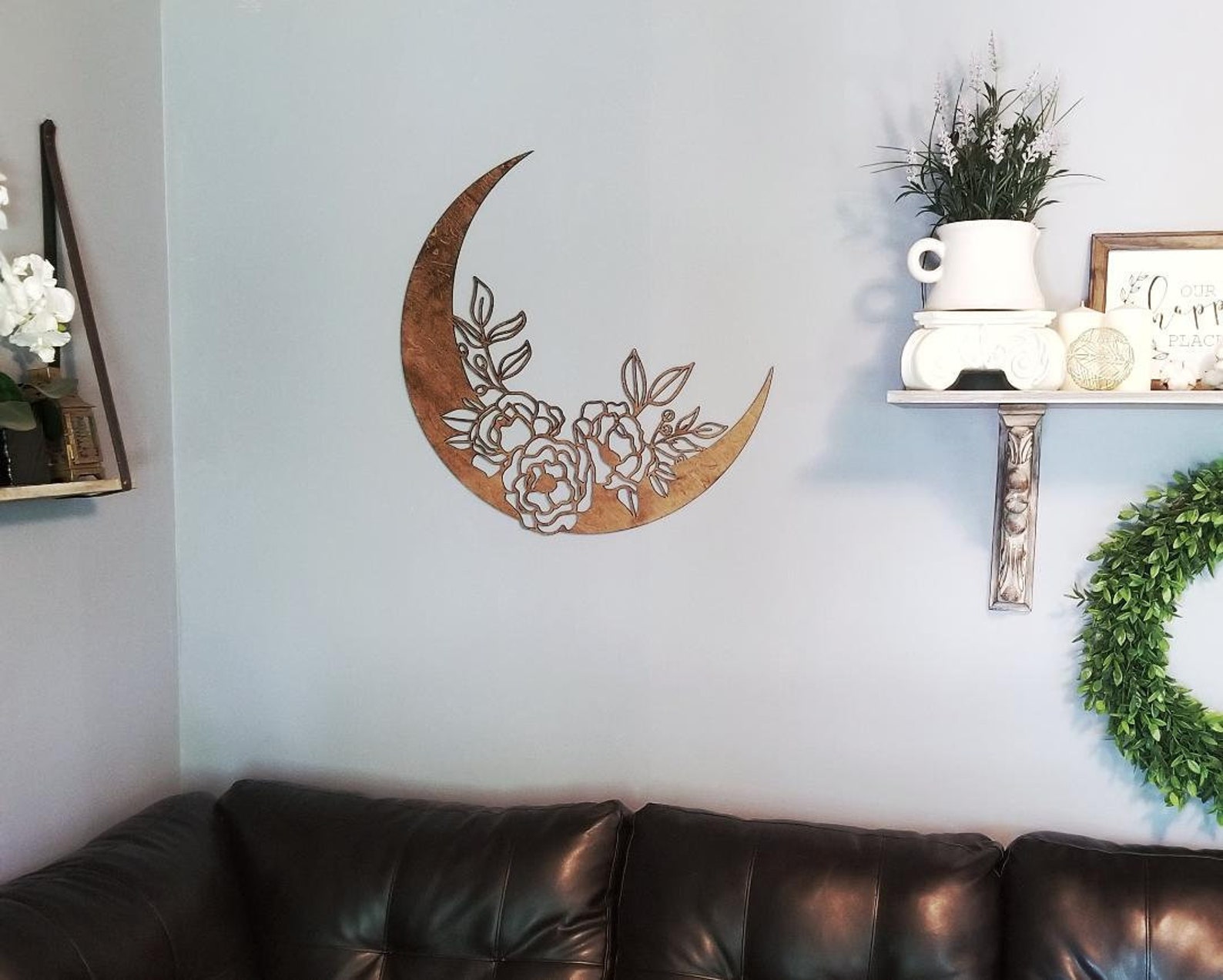 Crescent Moon Wall Decor Floral Crescent Moon Wood Moon Wall Etsy