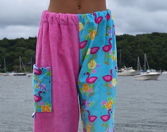 Towel Pants - Flamingo Pattern - IN STOCK Fast Shipping - Beach, Swimming, Resortwear, Boys, Girls, Adults.