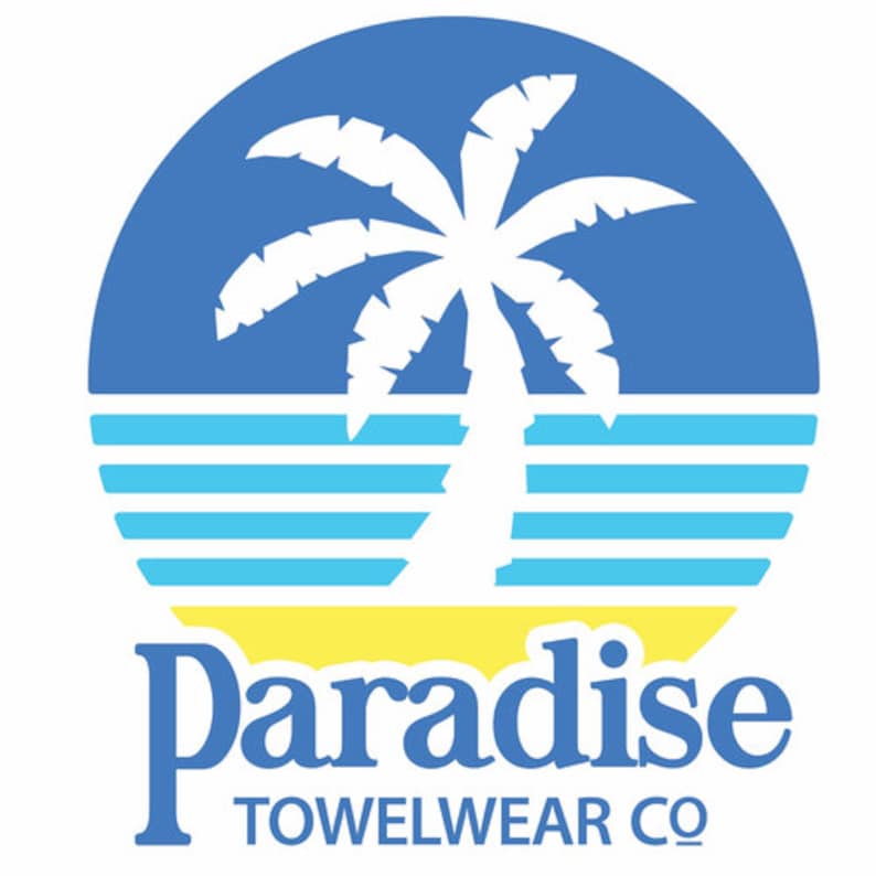 May include: A blue and yellow logo with a white palm tree and the text "Paradise Towelwear Co."