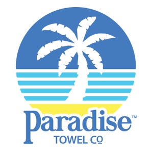 May include: A blue and yellow logo with a white palm tree and the text "Paradise Towel Co."