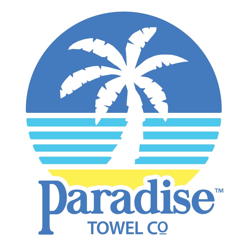 May include: A blue and yellow logo with a white palm tree and the text "Paradise Towel Co."