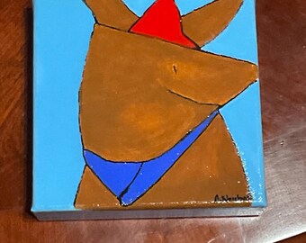 Pintura acrílica abstracta "Buen chico" de 6x6 pulgadas con animales pequeños. Enmarcada o sin enmarcar.