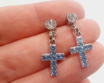 Minimalist Dainty Blue Rhinestone Cross Earrings