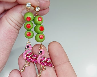 Dangle Drop Mini Martini Olive Earrings with Pink Flamingos