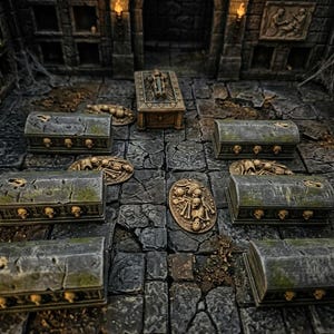 May include: A miniature tabletop gaming dungeon scene featuring a stone floor with six rectangular coffins decorated with skull motifs, two oval bases covered in skeletal remains, and one central elevated sarcophagus with a figure on top.