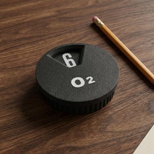 以下が含まれることがあります： 表面に質感のある円形の黒いダイヤル。三角形の切り抜きの中に白い数字の6があり、その下に白い文字でO2と印刷されている。ダイヤルにはリブ状の側面があり、黄色の木製鉛筆の隣に置かれている。