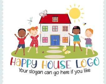 Hand-Drawn Childcare Logo: Multicultural Kids, Flower House