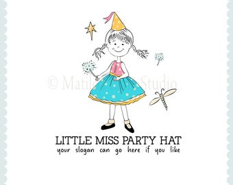 Individuell handgezeichnetes Mädchen-Logo: Partyhut und Libelle (Digitale Datei)