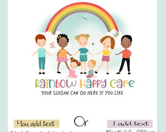 Hand Drawn Children Logo: Rainbow Kids, Childcare logo, Multicultural Design (PNG, JPG) Instant Download for Blank Version