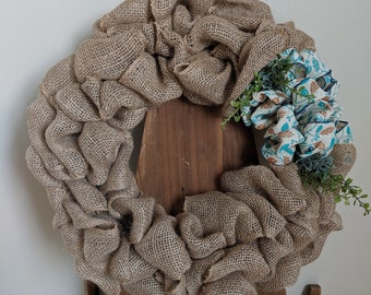 Everyday burlap wreath with ribbon and greenery accents