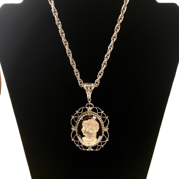 WHITING & DAVIS Victorian Style Cameo Necklace on Silver Tone Chain