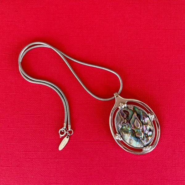 WHITING & DAVIS Vintage Silver Tone Necklace with Abalone Shell Pendant, 1960's