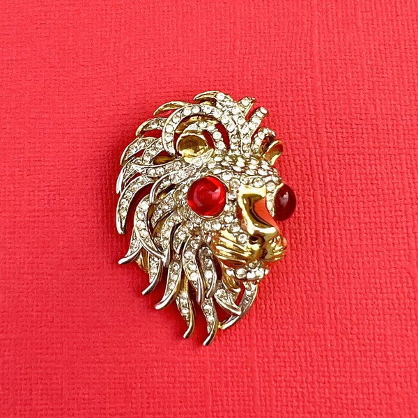 ANNE KLEIN Gold Tone Lion Pin / Brooch with Ruby Red Eyes and Rhinestone Accents