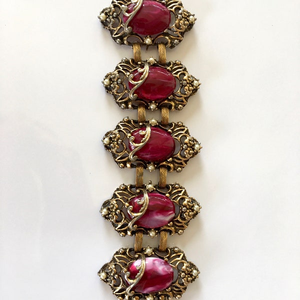 Vintage Victorian Revival Bracelet Set with Maroon Cabochons and Faux Pearls