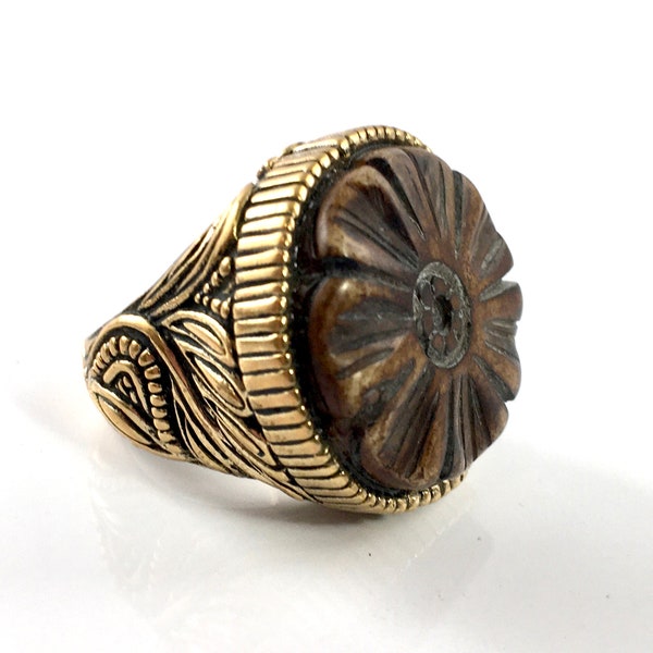 BARSE Bronze Ring with Carved Resin Floral Design