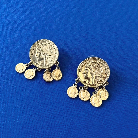 Vintage Republique Francaise Gold Tone Coin Earrin