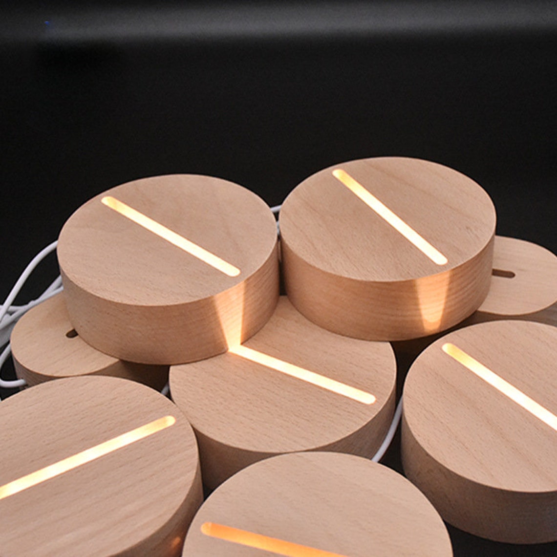 Solid wood round 3d night light base creative crystal ball led Etsy
